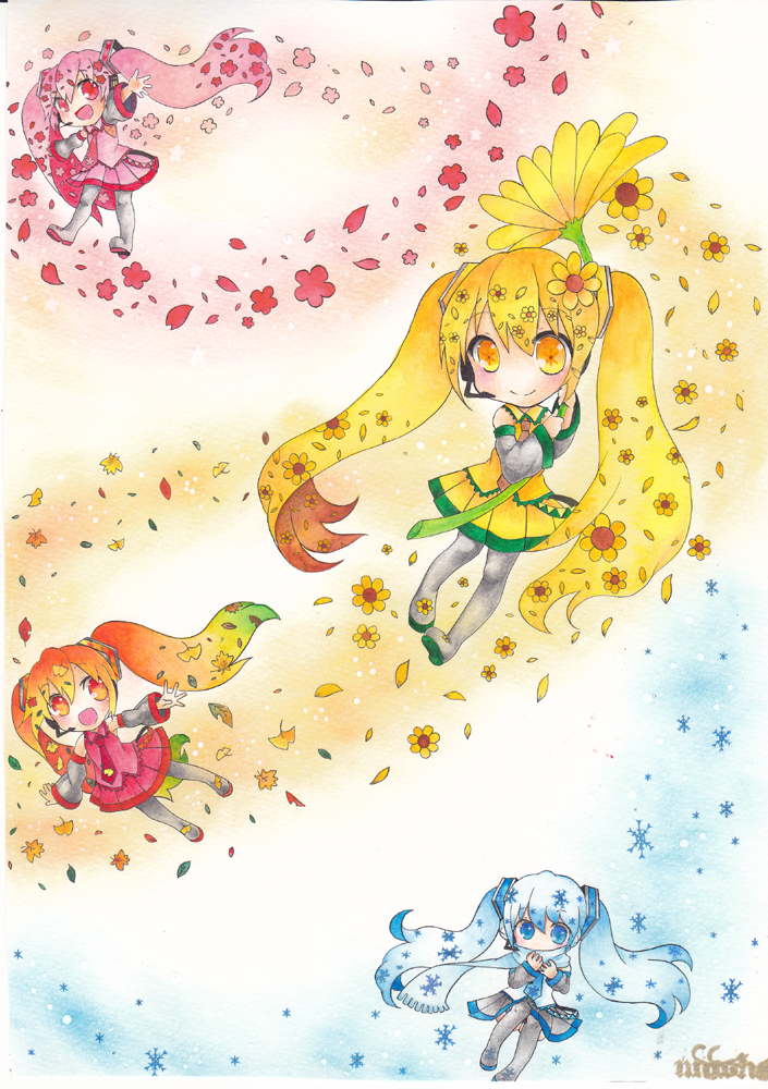 hatsune miku, yuki miku, sakura miku, momiji miku, and himawari miku (vocaloid) drawn by mosho