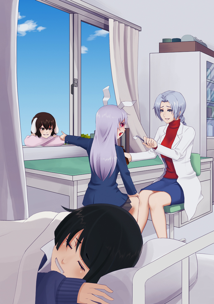 reisen udongein inaba, houraisan kaguya, inaba tewi, and yagokoro eirin (touhou) drawn by yuuten