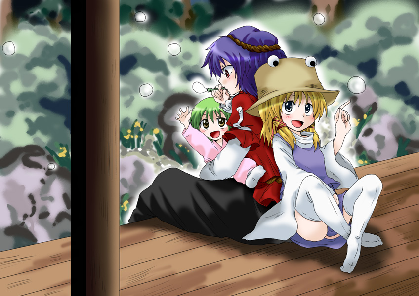 kochiya sanae, moriya suwako, and yasaka kanako (touhou) drawn by unya