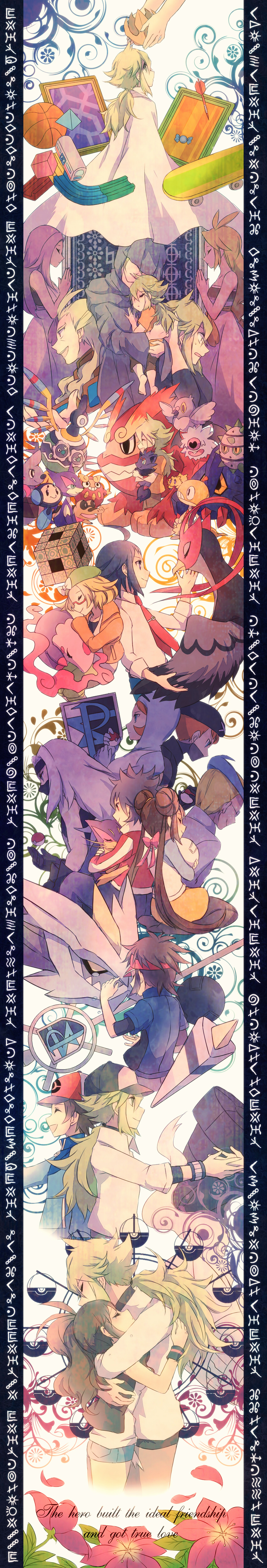 rosa, hilda, hilbert, n, bianca, and 27 more (pokemon and 2 more) drawn by kabocha_torute