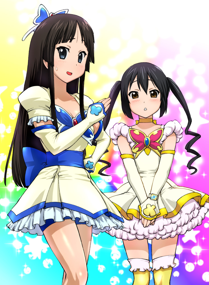 akiyama mio, nakano azusa, cure aqua, and cure lemonade (precure and 2 more) drawn by ueyama_michirou