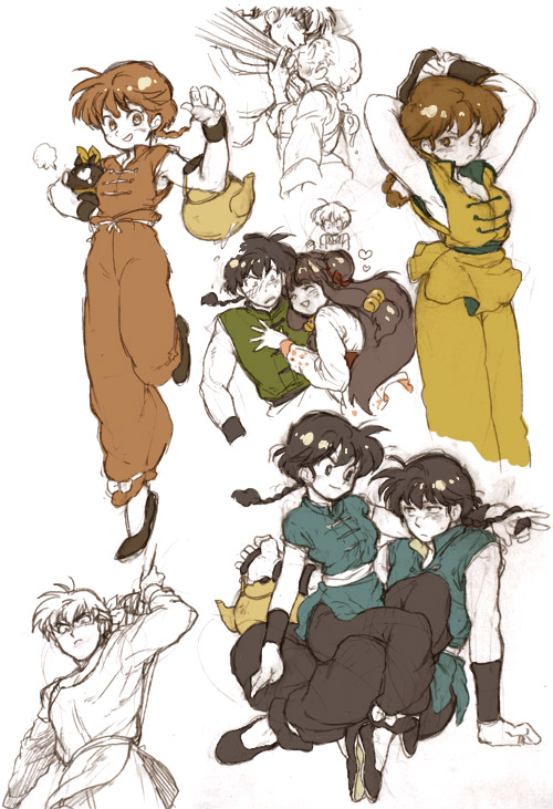 ranma-chan, shampoo, tendou akane, saotome ranma, p-chan, and 1 more (ranma 1/2) drawn by nitako