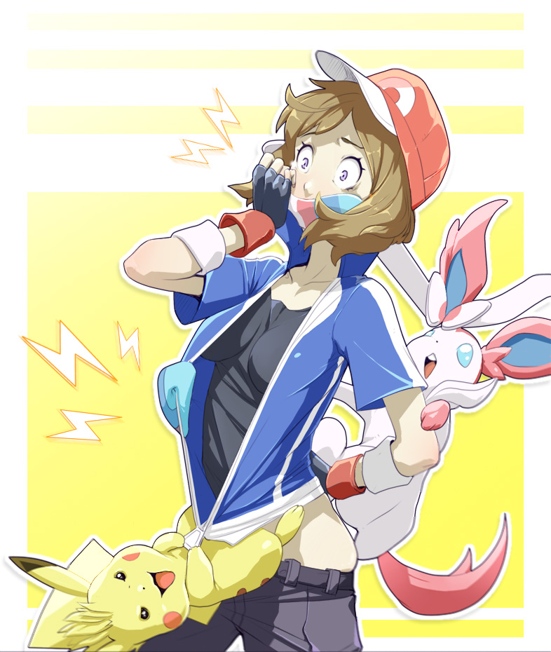 pikachu, ash ketchum, serena, and sylveon (pokemon and 1 more) drawn by materclaws