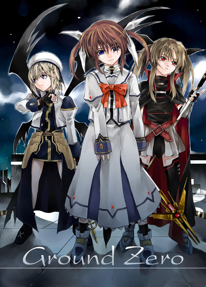 fate testarossa, takamachi nanoha, yagami hayate, raising heart, bardiche, and 1 more (lyrical nanoha and 2 more) drawn by kurokoeda