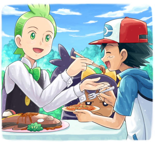 ash ketchum, iris, cilan, pansage, foongus, and 1 more (pokemon and 1 more) drawn by pokemoa