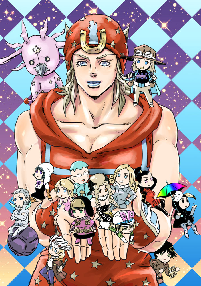 johnny joestar, gyro zeppeli, diego brando, scary monsters, funny valentine, and 11 more (jojo no kimyou na bouken and 1 more) drawn by ryugue