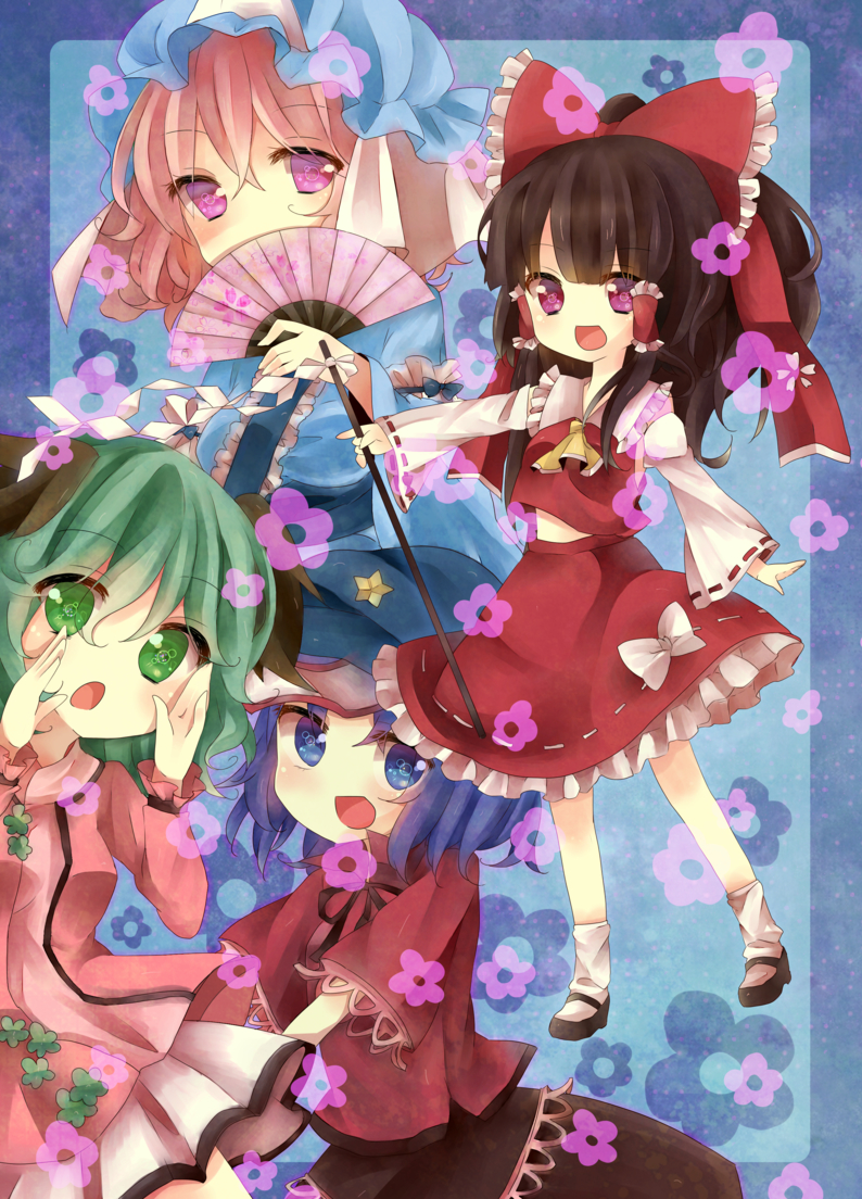 hakurei reimu, saigyouji yuyuko, miyako yoshika, and kasodani kyouko (touhou and 1 more) drawn by yamone