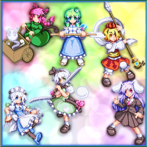 izayoi sakuya, kochiya sanae, konpaku youmu, reisen udongein inaba, kaenbyou rin, and 1 more (touhou) drawn by kisasage_kouta