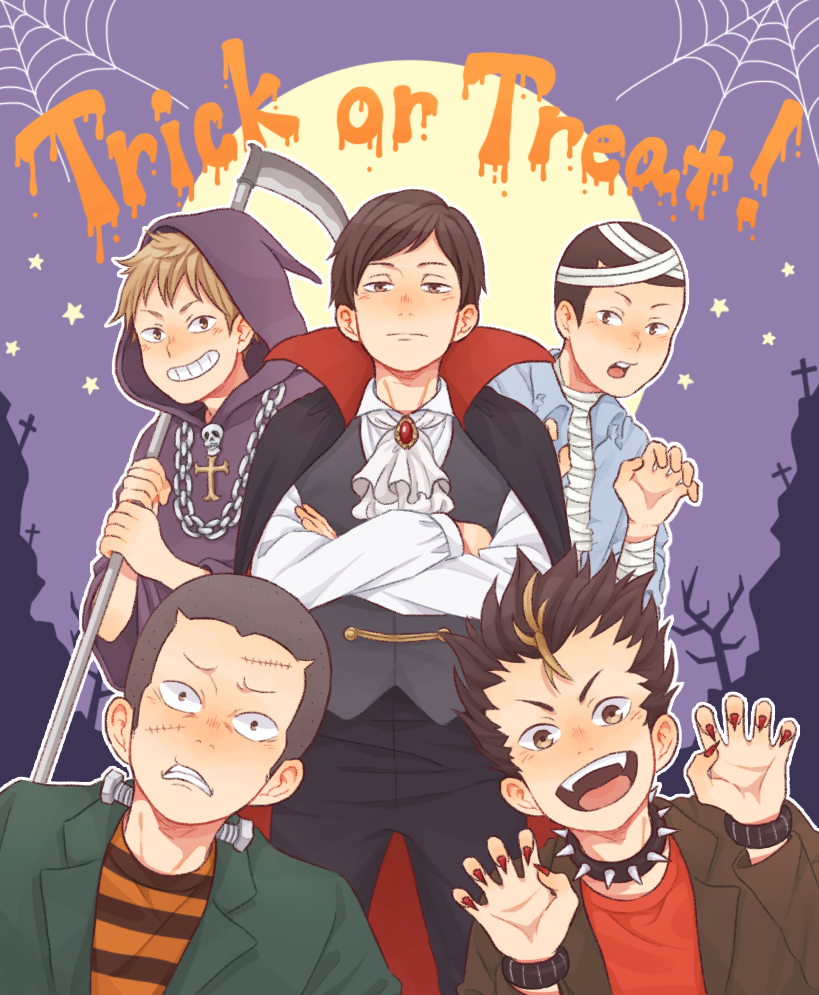 frankenstein's monster, death, grim reaper, nishinoya yuu, tanaka ryuunosuke, and 3 more (haikyuu!!) drawn by laugh_111