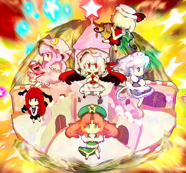 remilia scarlet, flandre scarlet, izayoi sakuya, patchouli knowledge, hong meiling, and 1 more (touhou) drawn by yoshioka_yoshiko