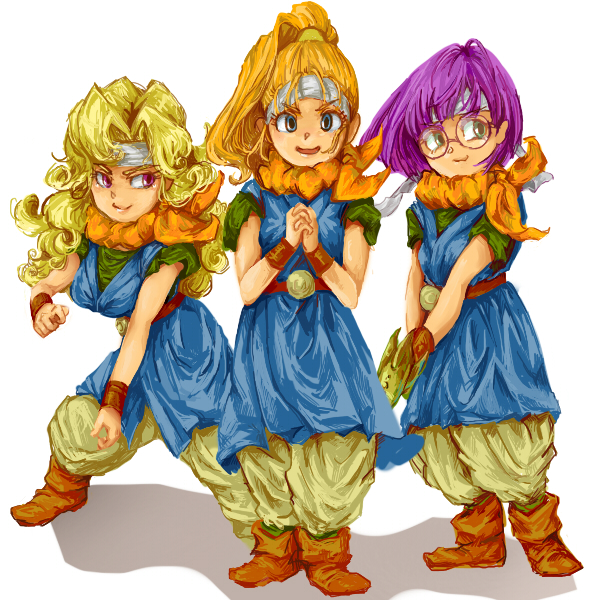 lucca ashtear, crono, marle, and ayla (chrono trigger) drawn by ooko