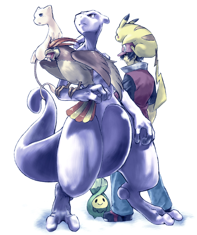 pikachu, red, mew, mewtwo, budew, and 1 more (pokemon and 2 more) drawn by agakunoda