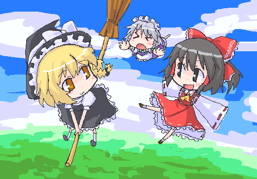 hakurei reimu, kirisame marisa, and izayoi sakuya (touhou) drawn by nekoyama