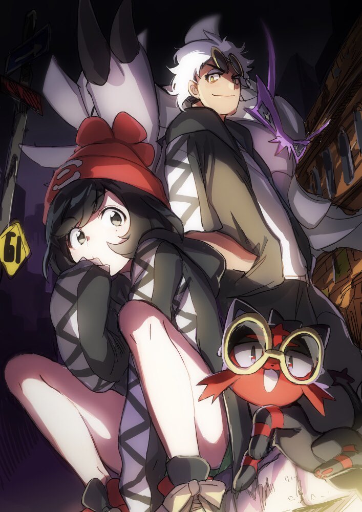 selene, litten, guzma, and golisopod (pokemon and 1 more) drawn by pezzy