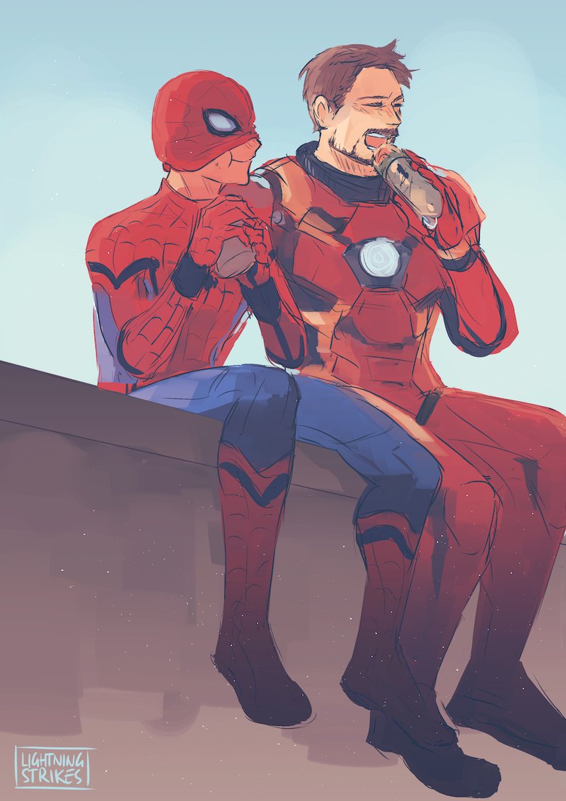 spider-man, tony stark, iron man, and peter parker (marvel and 3 more) drawn by lightningstrikes