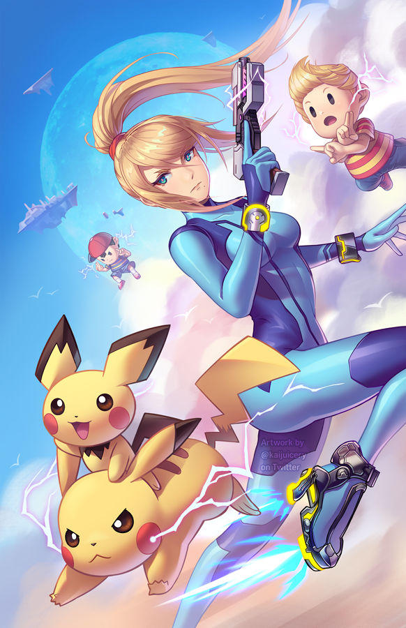 pikachu, samus aran, pichu, ness, and lucas (pokemon and 5 more) drawn by kaijuicery