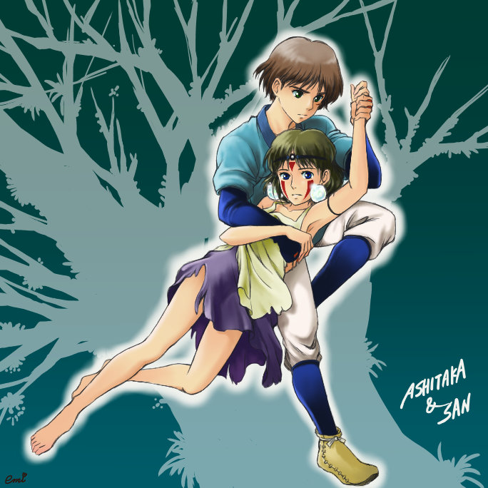 san and ashitaka (mononoke hime) drawn by emi_(green_wave)