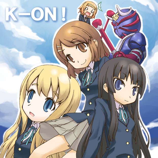 akiyama mio, hirasawa yui, tainaka ritsu, kotobuki tsumugi, and kamen rider hibiki (k-on! and 2 more) drawn by buntan
