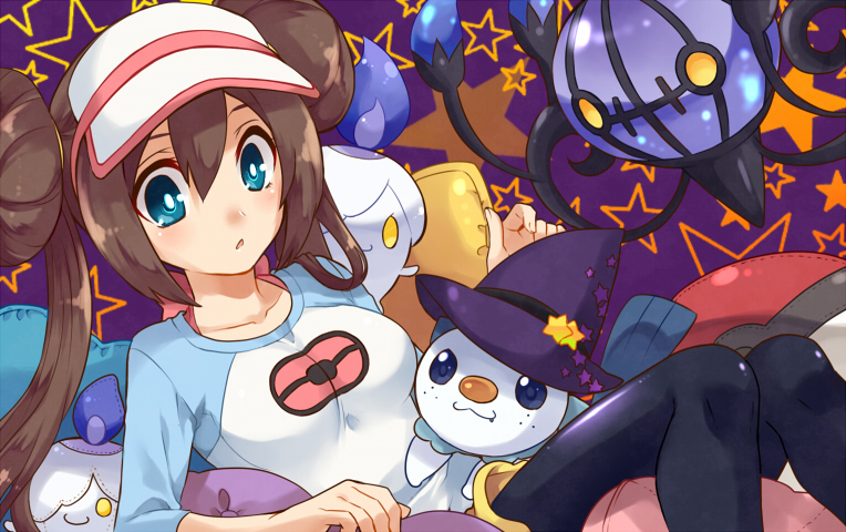 rosa, oshawott, litwick, and chandelure (pokemon and 1 more) drawn by irouha