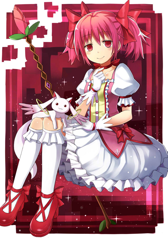 kaname madoka and kyubey (mahou shoujo madoka magica) drawn by kuhotaka