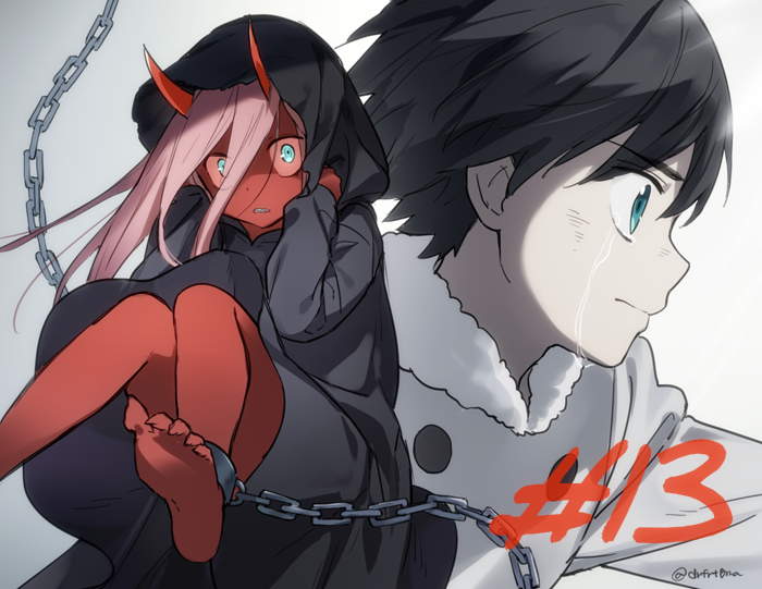 zero two and hiro (darling in the franxx) drawn by toma_(norishio)