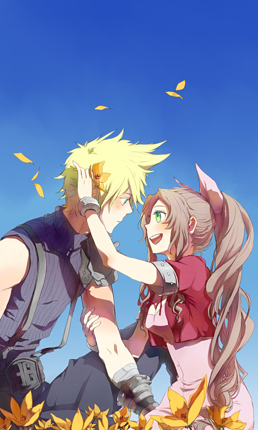 cloud strife and aerith gainsborough (final fantasy and 1 more) drawn by chako_(mocomoco10)
