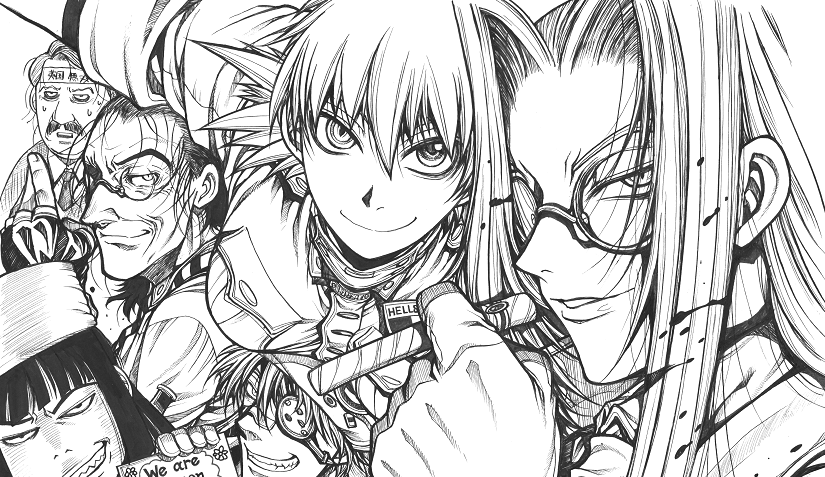alucard, seras victoria, integra hellsing, girlycard, walter c. dornez, and 1 more (hellsing) drawn by hirano_kouta