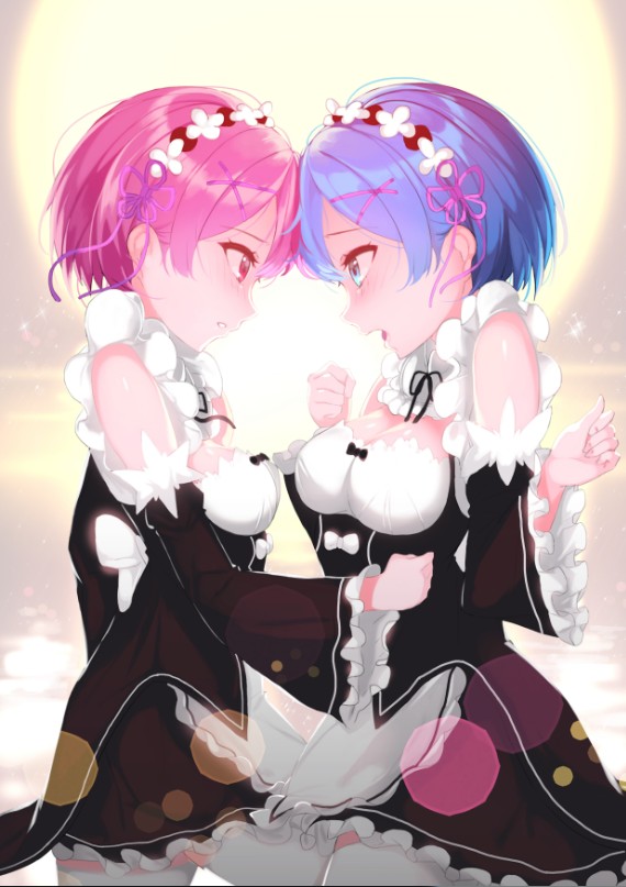 rem and ram (re:zero kara hajimeru isekai seikatsu) drawn by jjanda