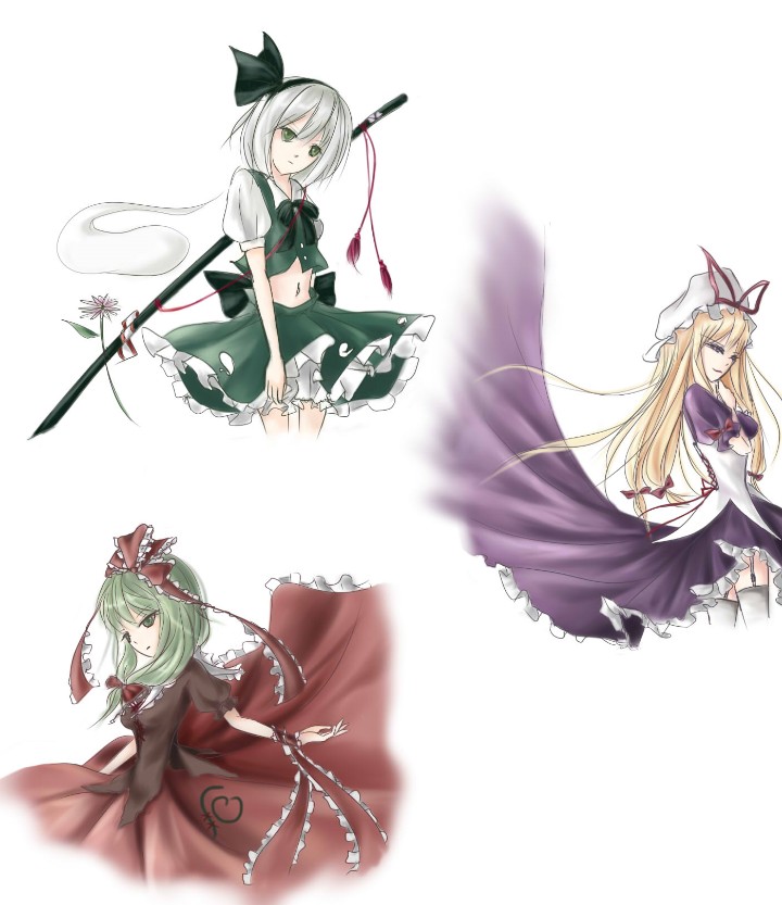 konpaku youmu, yakumo yukari, and kagiyama hina (touhou) drawn by hiyanagi