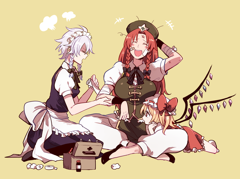 flandre scarlet, izayoi sakuya, and hong meiling (touhou) drawn by 50yen_(gojiue)