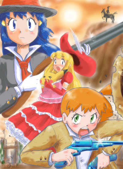 pikachu, dawn, ash ketchum, misty, and ashley (pokemon and 1 more) drawn by gouguru