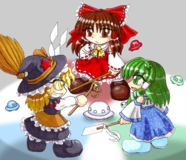 hakurei reimu, kirisame marisa, and kochiya sanae (touhou and 1 more) drawn by mail_(mail_gell)