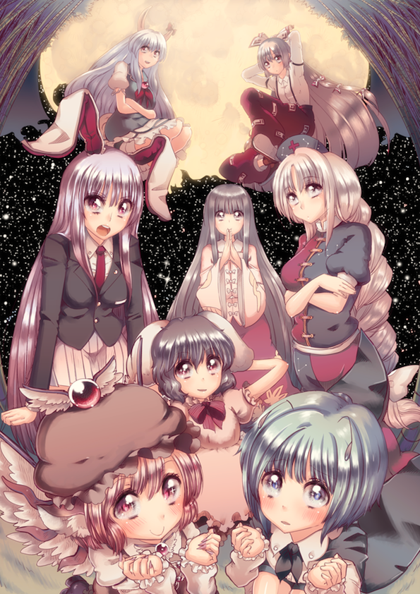 reisen udongein inaba, fujiwara no mokou, kamishirasawa keine, houraisan kaguya, mystia lorelei, and 4 more (touhou and 1 more) drawn by cream_(nipakupa)