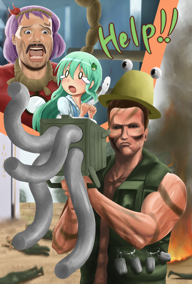kochiya sanae, moriya suwako, yasaka kanako, arnold schwarzenegger, john matrix, and 2 more (touhou and 1 more) drawn by orange-pengin