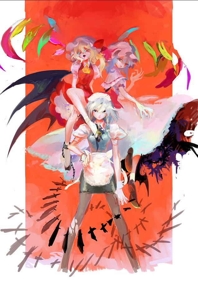 remilia scarlet, flandre scarlet, and izayoi sakuya (touhou) drawn by kosei_(wea)