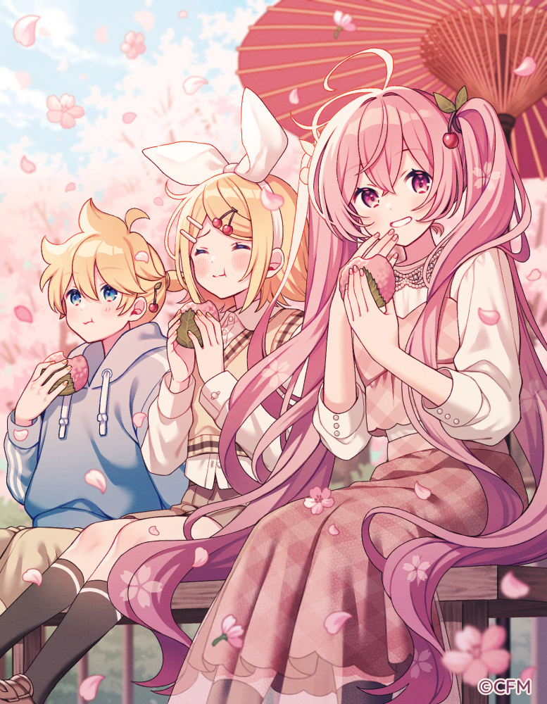 hatsune miku, kagamine rin, kagamine len, and sakura miku (vocaloid) drawn by amagi_hana