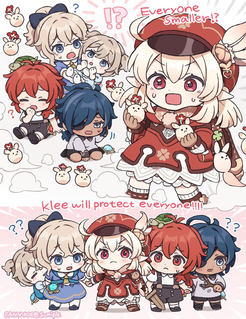 klee, barbara, jean, diluc, kaeya, and 2 more (genshin impact) drawn by sumipic