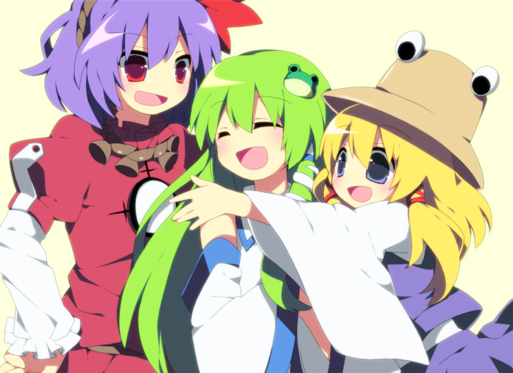 kochiya sanae, moriya suwako, yasaka kanako, and pyonta (touhou) drawn by soranagi