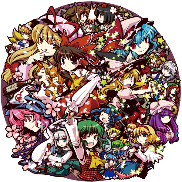 hakurei reimu, kirisame marisa, remilia scarlet, flandre scarlet, izayoi sakuya, and 19 more (touhou) drawn by socha