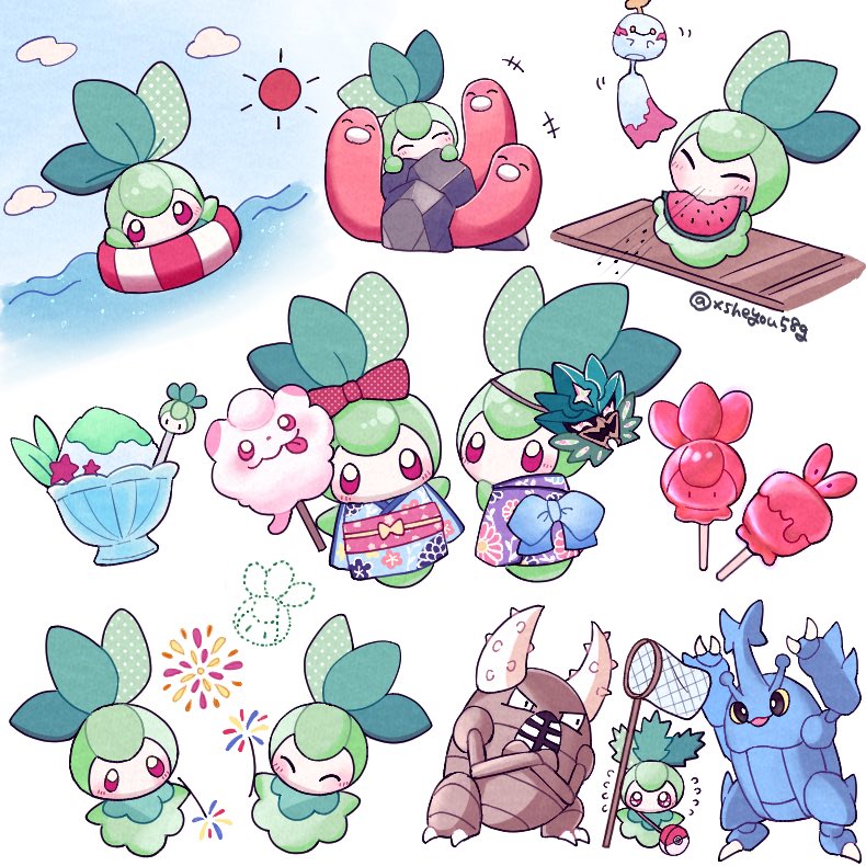 ogerpon, chimecho, swirlix, petilil, heracross, and 3 more (pokemon) drawn by mochopaccho