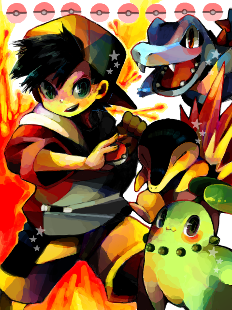 ethan, cyndaquil, chikorita, and totodile (pokemon and 1 more) drawn by kanami33