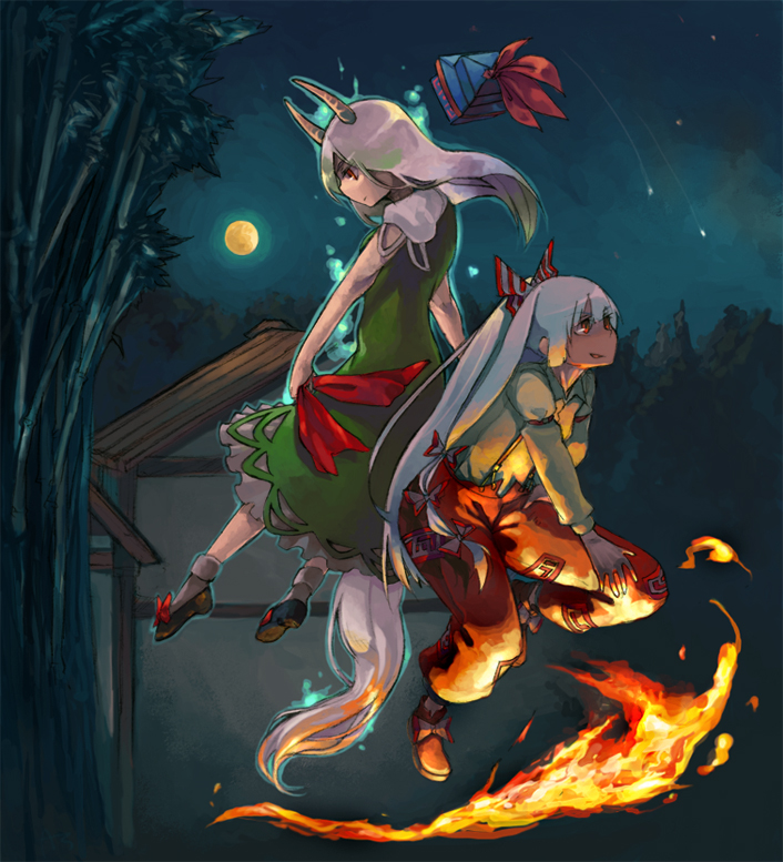 fujiwara no mokou, kamishirasawa keine, and ex-keine (touhou) drawn by takishima_asaka