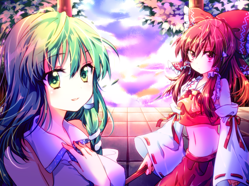 hakurei reimu and kochiya sanae (touhou) drawn by riichu