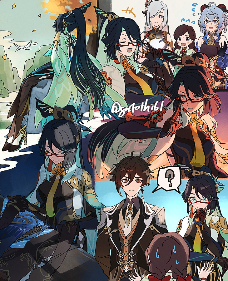 ganyu, zhongli, shenhe, xianyun, cloud retainer, and 1 more (genshin impact) drawn by suitchi_(gn4othi61)