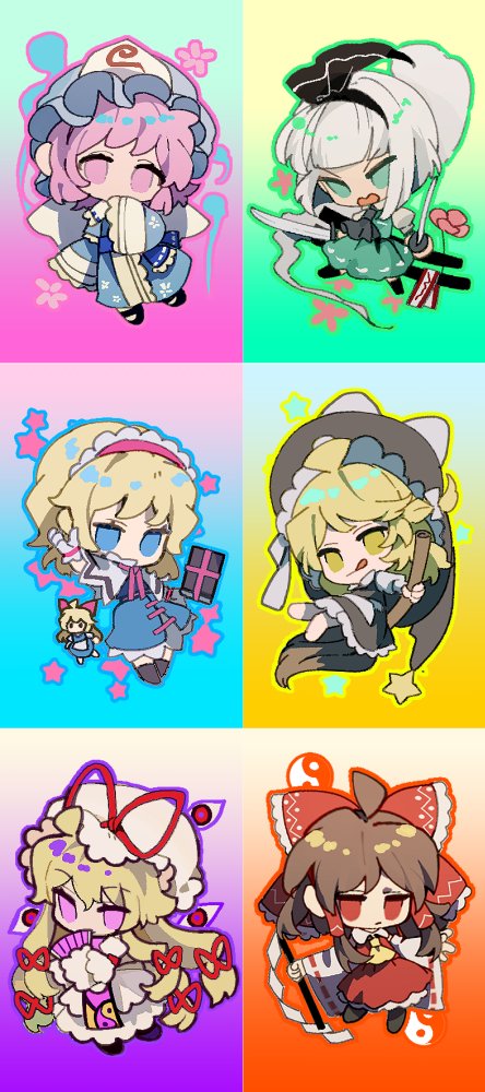hakurei reimu, kirisame marisa, konpaku youmu, alice margatroid, yakumo yukari, and 1 more (touhou) drawn by xian_qishui