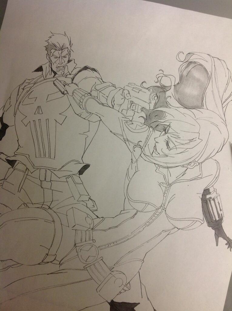 black widow and the punisher (marvel and 1 more) drawn by shimizu_ken