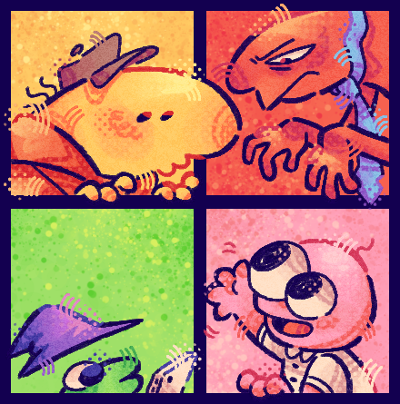 charlie dompler, pim pimling, glep, and allan (smiling friends) drawn by abacatencio