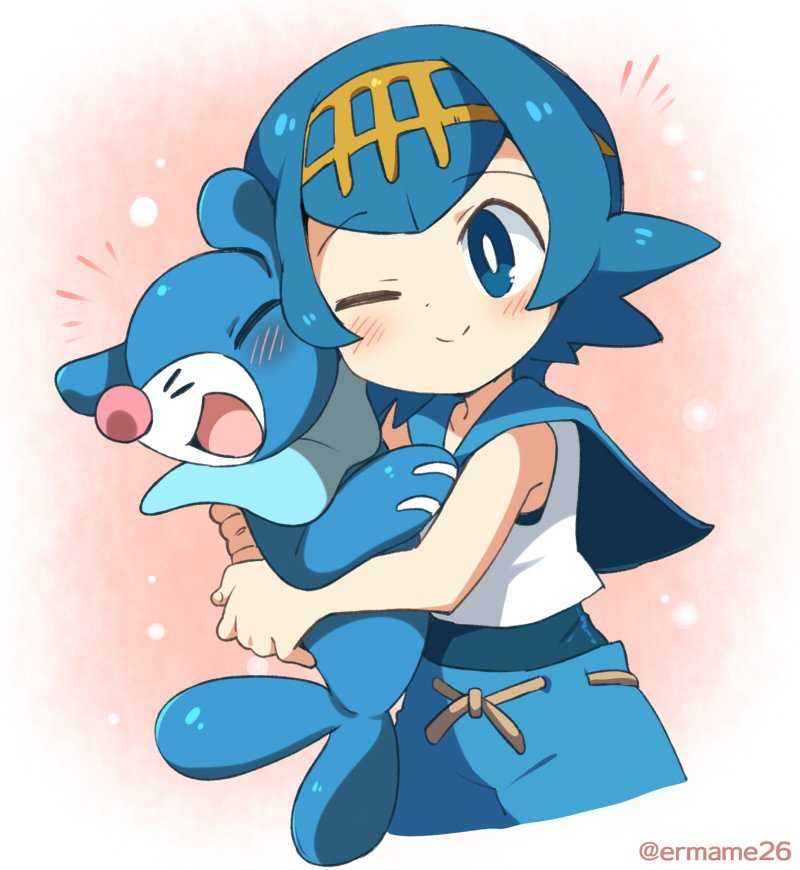 lana and popplio (pokemon and 1 more) drawn by eromame