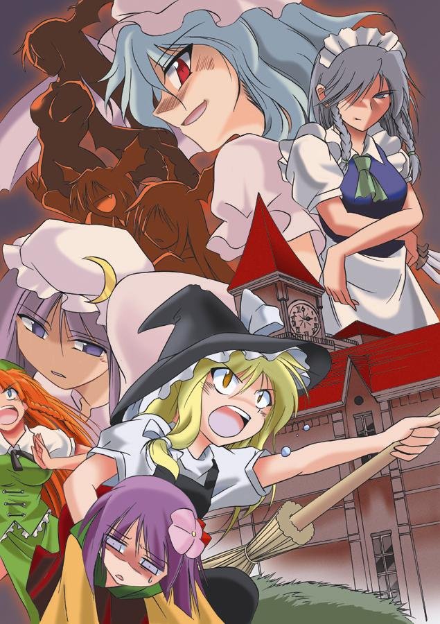 kirisame marisa, remilia scarlet, izayoi sakuya, patchouli knowledge, hong meiling, and 2 more (touhou) drawn by angeldust