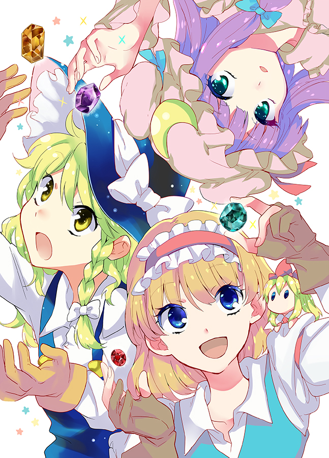 kirisame marisa, alice margatroid, patchouli knowledge, and shanghai doll (touhou) drawn by shinoasa